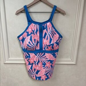 Lands End Tummy Control Keyhole High Neck Tankini Top Swimsuit 16 DD
